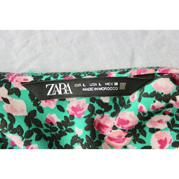 ZARA Green Pink Floral Print Cropped Smocked Puff Sleeve Blouse Top, Size L - Picture 6 of 8
